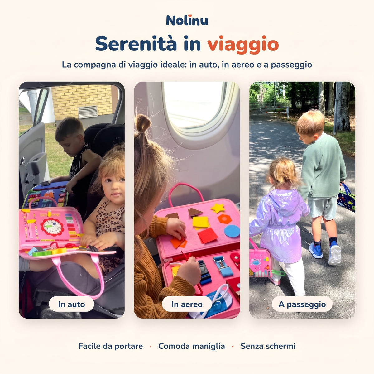 Libro sensoriale Nolinu in viaggio: in auto, in aereo e a passeggio
