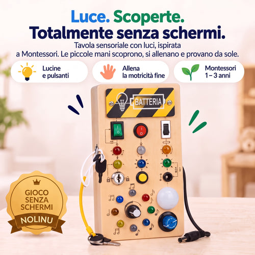 Tavola sensoriale Nolinu con luci, pulsanti e interruttori, ispirata al metodo Montessori, completamente senza schermi