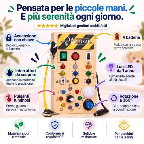 Tavola sensoriale Nolinu: interruttori, LED colorati, una lampadina bianca e manopole girevoli
