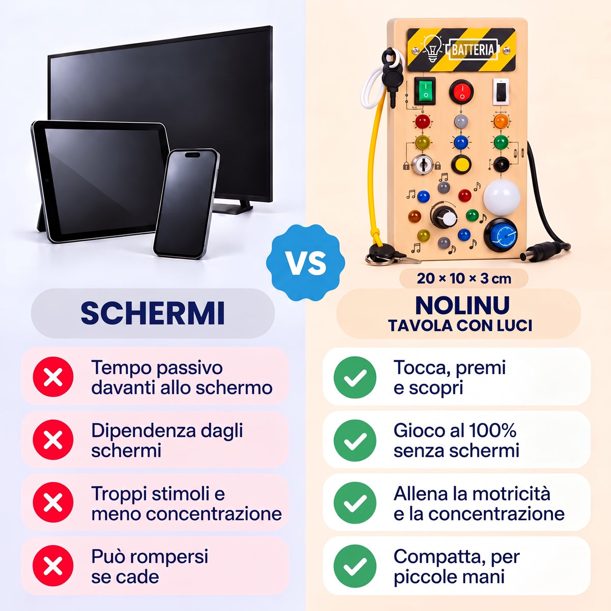 Tavola sensoriale Nolinu di circa 20 × 10 × 3 cm come alternativa agli schermi