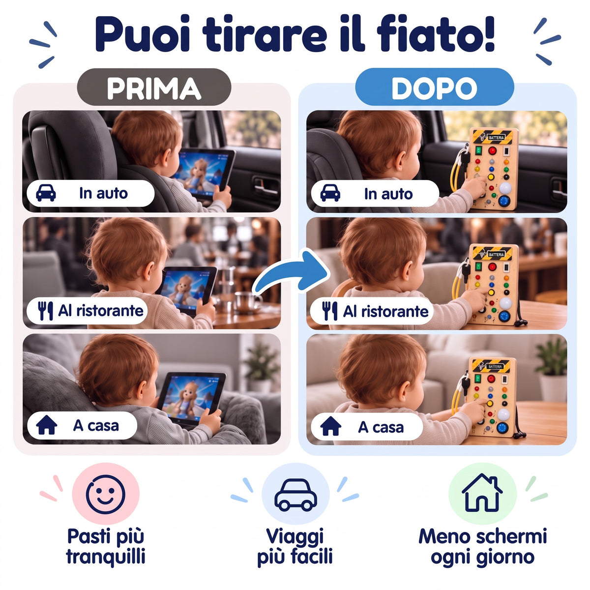 Tavola sensoriale Nolinu in auto, al ristorante e a casa come alternativa al tablet